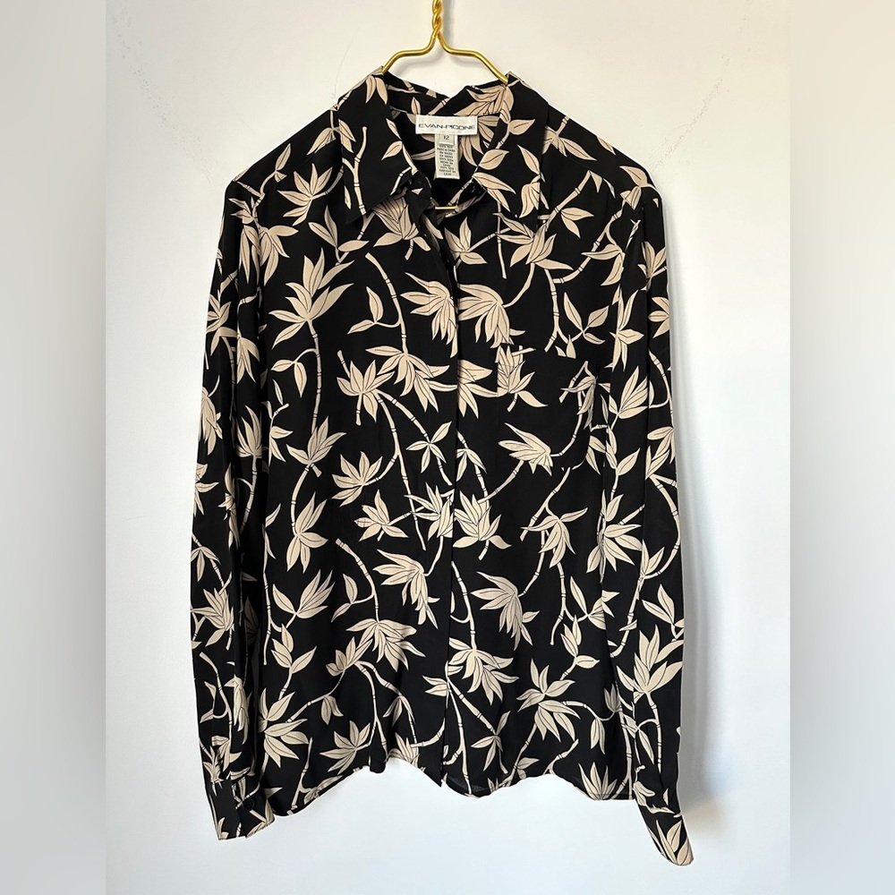 Evan Picone Black Tan Floral 100% Silk Long Sleeve Button Up Blouse Top Size 12